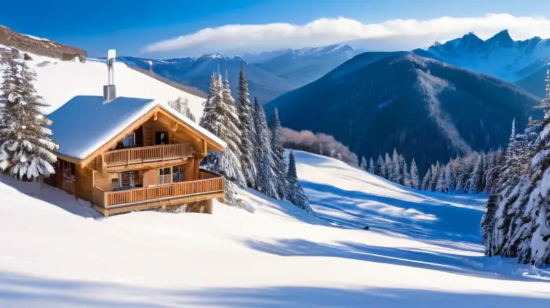 Un paisaje invernal de montañas cubiertas de nieve, esquiadores en acción y cabañas acogedoras bajo un cielo azul