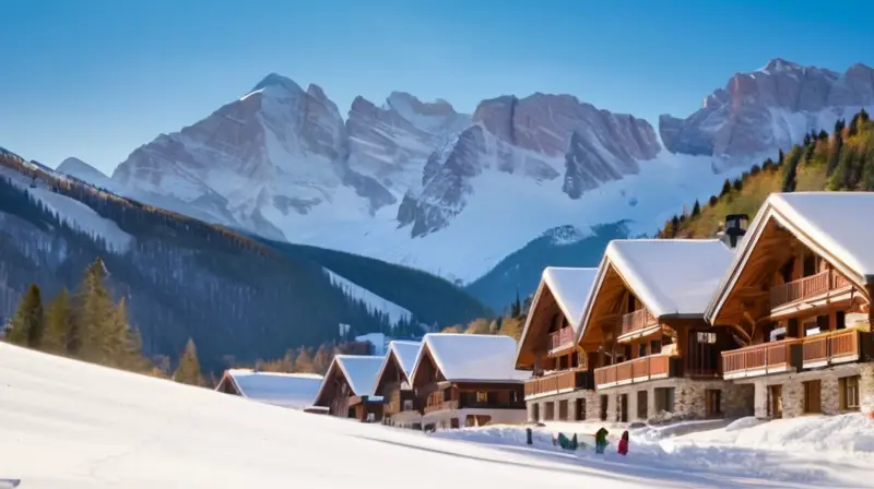 Un paisaje invernal vibrante con esquiadores, cabañas rústicas y montañas bajo un cielo azul