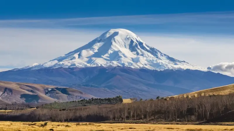 El majestuoso Chimborazo se alza con su cumbre nevada bajo el sol, rodeado de paisajes contrastantes y el distante Everest al fondo