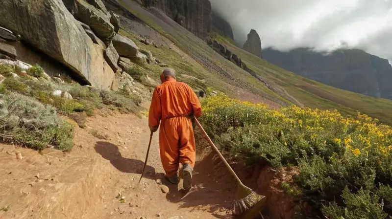 Un solitario figura en un traje naranja limpia un camino en un paisaje montañoso y peligroso