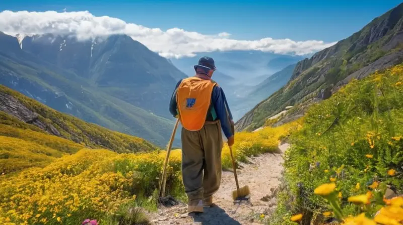 Un valiente barrendero en uniforme naranja enfrenta un paisaje montañoso impresionante y desafiante