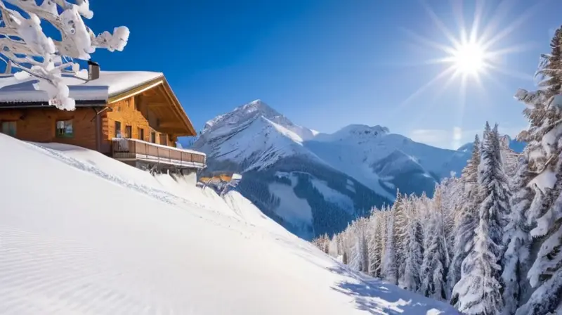 Un paisaje alpino invernal lleno de esquiadores, montañas, cabañas acogedoras y un ambiente de aventura y camaradería