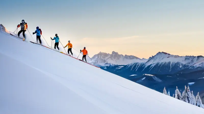 Esquidores en paisajes nevados bajo un cielo azul, con montañas majestuosas y cabañas rústicas