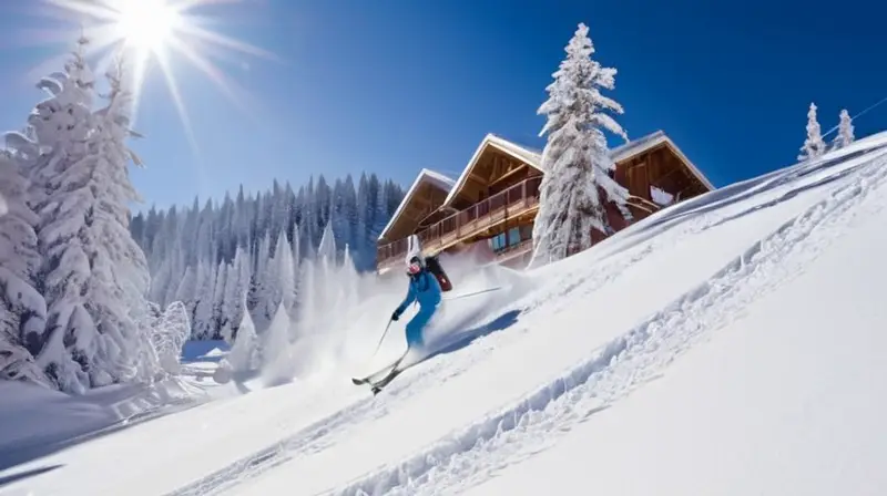 Un paisaje invernal de montañas cubiertas de nieve, esquiadores enérgicos y chalets acogedores bajo un cielo azul