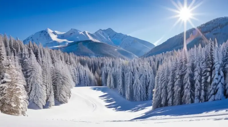 Un vibrante paisaje invernal con nieve, esquiadores, cabañas acogedoras y niños jugando, todo bajo un cielo azul