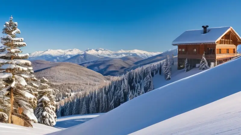 Un paisaje invernal idílico con montañas nevadas, esquiadores coloridos y cabañas acogedoras