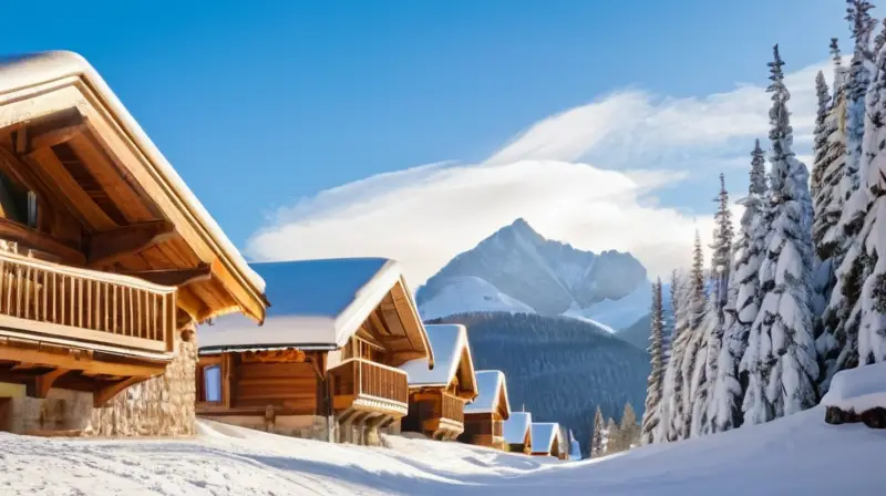 Un paisaje invernal de montañas nevadas, esquiadores en movimiento y acogedoras cabañas bajo un cielo azul