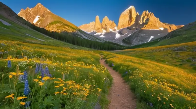 Un majestuoso paisaje montañoso con picos nevados, valles profundos, senderos rocosos y flores silvestres bajo un cielo azul