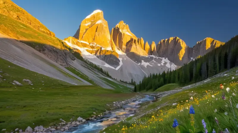 Un paisaje montañoso impresionante con picos nevados, praderas verdes, flores coloridas y un cielo azul sereno