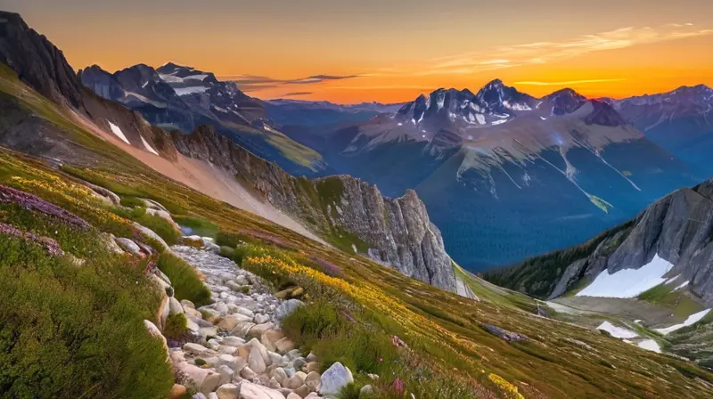 Un paisaje montañoso impresionante con picos nevados, valles verdes, lagos glaciares y un cielo vibrante al atardecer