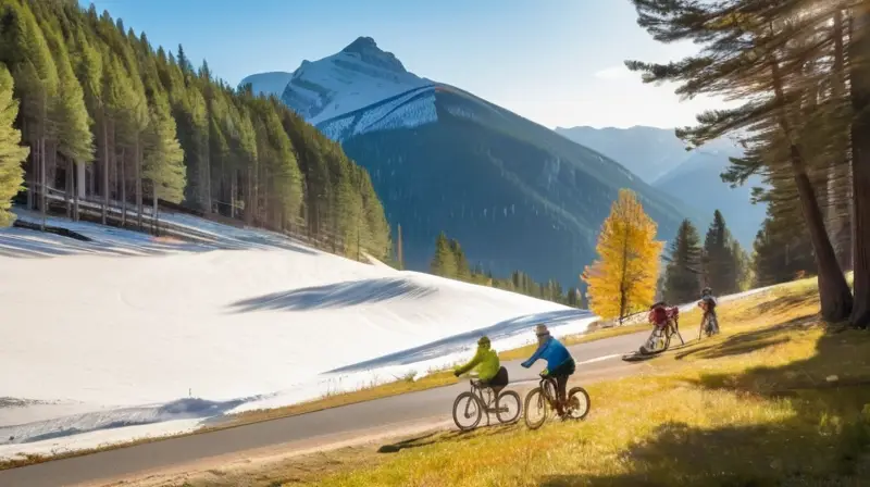 Un paisaje invernal y veraniego lleno de actividades al aire libre, con nieve, esquiadores, chalets acogedores y ciclistas en un entorno natural vibrante