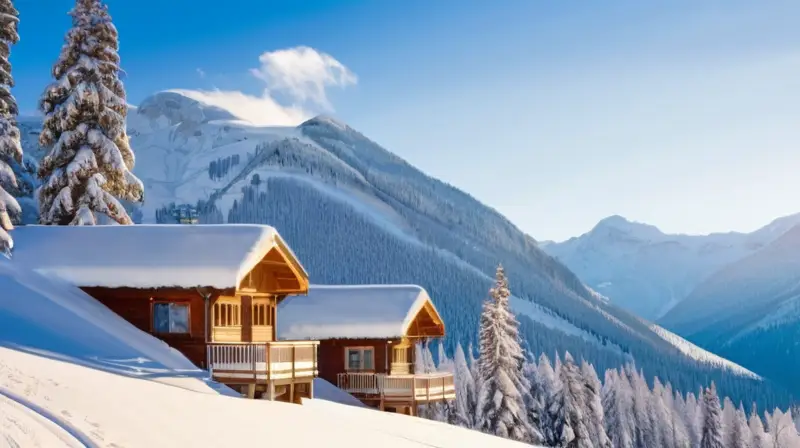 Un paisaje invernal vibrante con esquiadores, nieve brillante, montañas lejanas y chalets acogedores, lleno de alegría y camaradería