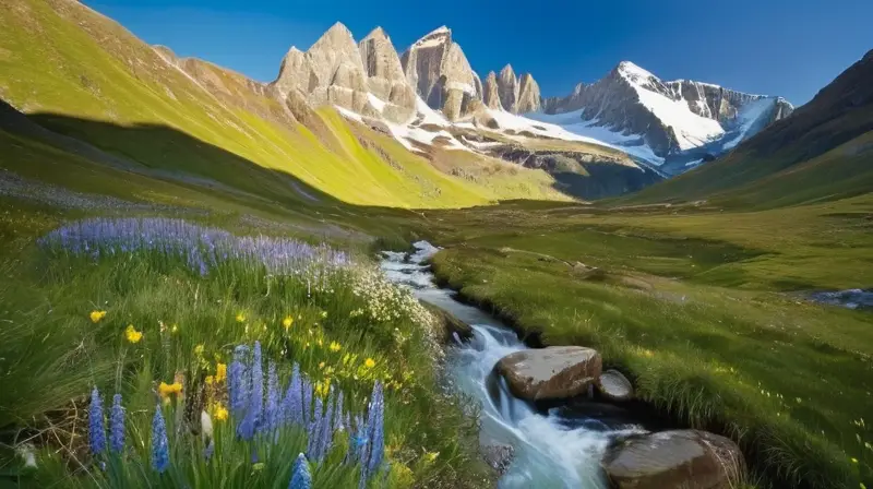 Un paisaje montañoso impresionante combina picos nevados