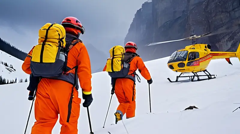 Un paisaje montañoso accidentado con rescatistas en acción, un helicóptero sobrevolando y un ambiente de urgencia tras una avalancha