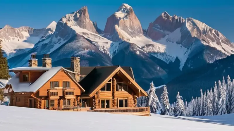 Un paisaje invernal vibrante con montañas nevadas, esquiadores coloridos y acogedoras cabañas