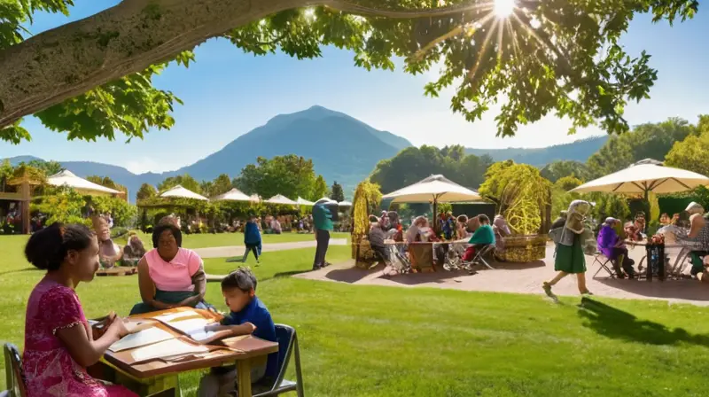 Un animado entorno al aire libre con gente diversa disfrutando de actividades educativas bajo un cielo azul y soleado