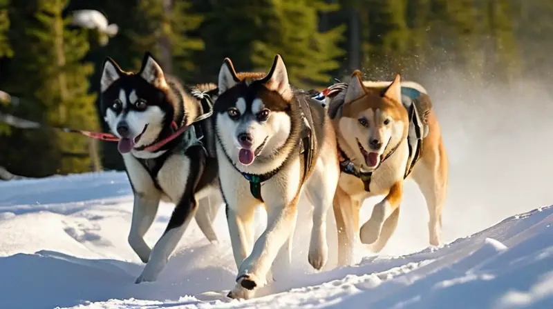 Un paisaje nevado con un equipo de perros de trineo y un musher enérgico, todo en un ambiente vibrante y lleno de aventura