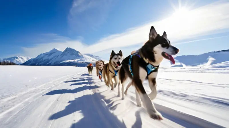 Un equipo de perros de trineo avanza velozmente por un paisaje nevado bajo un cielo azul