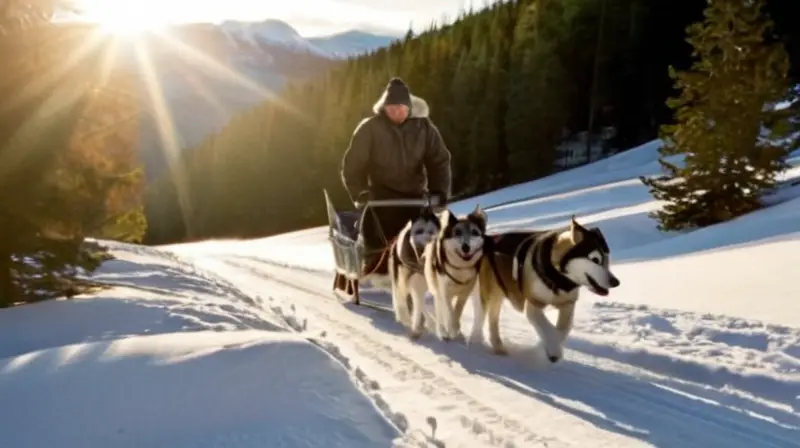 Un paisaje nevado con perros de trineo enérgicos y un musher decidido, todo bajo un cielo azul brillante