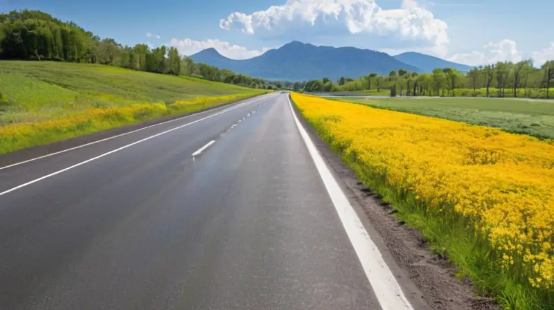 Una carretera amplia y soleada con árboles verdes, maquinaria de construcción y un paisaje armonioso que sugiere modernidad y seguridad