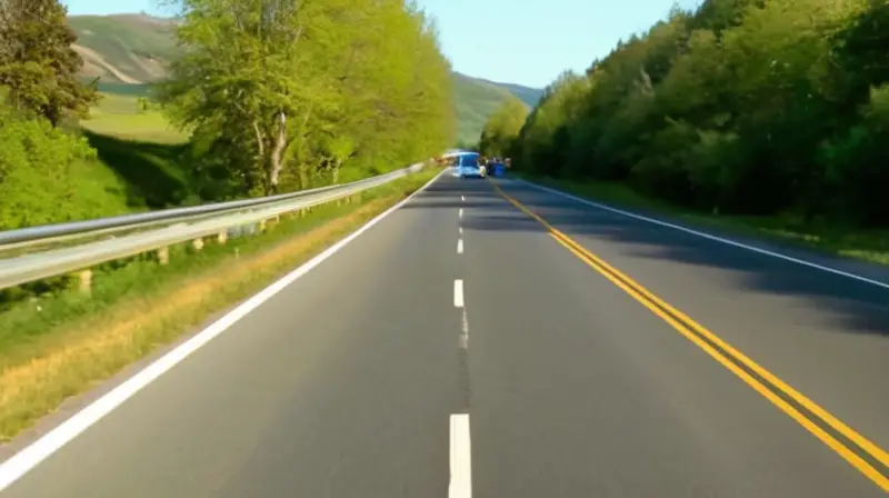 Una carretera amplia y soleada con vehículos, ciclistas y naturaleza vibrante que transmite una sensación de seguridad y apertura