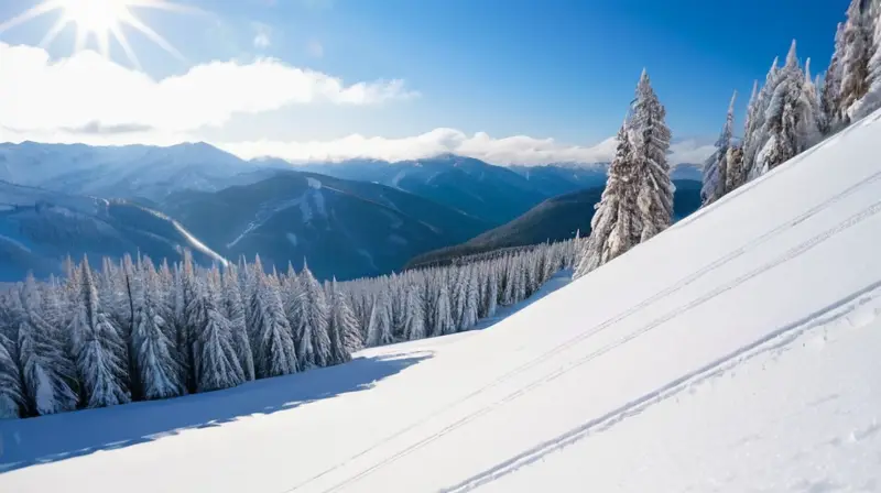 Un paisaje invernal de pistas de esquí cubiertas de nieve, con esquiadores en movimiento y montañas lejanas bajo un cielo azul