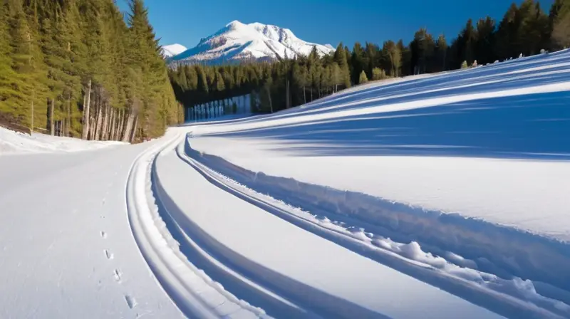 Un paisaje invernal con pistas de esquí cubiertas de nieve, pinos verdes, esquiadores alegres y cabañas rústicas bajo un cielo azul