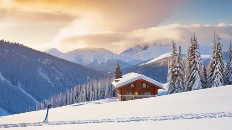 Un bullicioso resort de esquí con montañas nevadas, esquiadores coloridos y acogedoras cabañas de madera