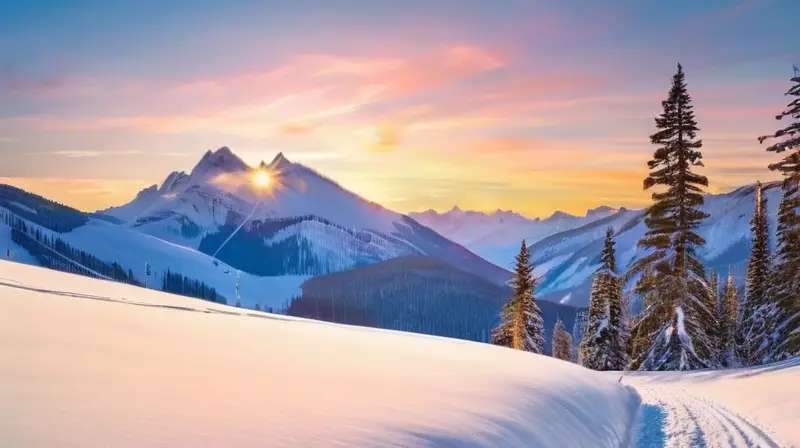 Un paisaje invernal sereno con montañas nevadas, esquiadores en acción y cabañas acogedoras