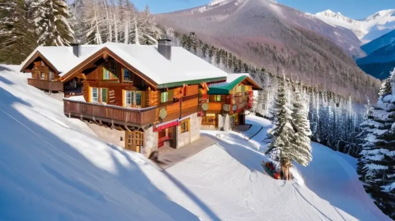 Un encantador paisaje invernal con cabañas cubiertas de nieve, luces cálidas, niños esquiando y familias disfrutando alrededor de una fogata