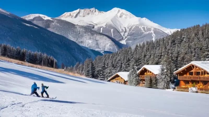 Un pintoresco paisaje invernal con montañas nevadas, esquiadores, cabañas acogedoras y familias disfrutando del aire fresco y el sol