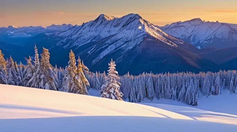 Un paisaje montañoso nevado presenta picos cubiertos de nieve