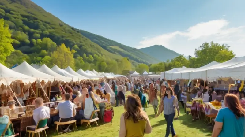 Un vibrante festival con música, coloridos banners, una multitud diversa y un ambiente lleno de energía y alegría