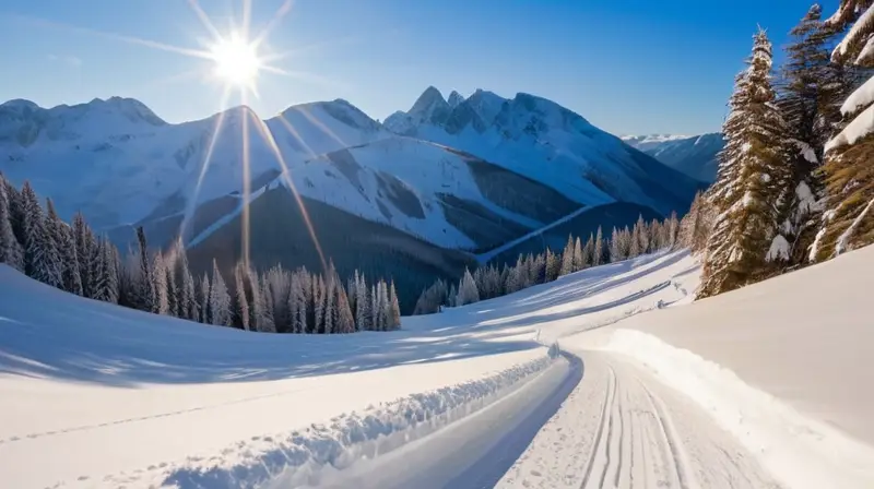 Un paisaje invernal con esquiadores en laderas nevadas, montañas rugosas y cabañas acogedoras