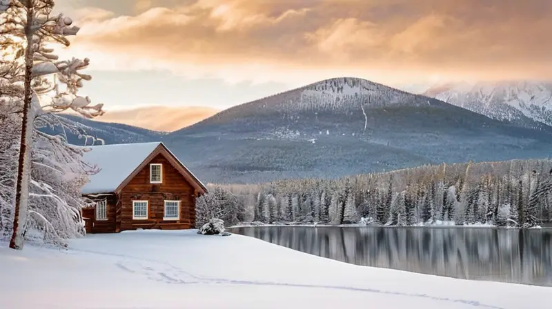 Un paisaje invernal sereno con nieve blanca, árboles cubiertos, un lago helado y una cabaña acogedora que emana calidez