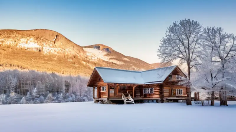 Un paisaje invernal sereno con nieve blanca, un cabaña humeante y un ambiente de tranquilidad