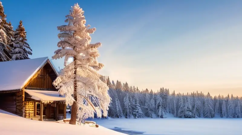 Un paisaje invernal sereno con nieve blanca, un cielo azul pálido y una cabaña acogedora emitiendo luz cálida