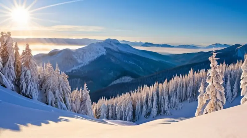 Un paisaje invernal de montañas cubiertas de nieve, cielos azules y esquiadores en acción