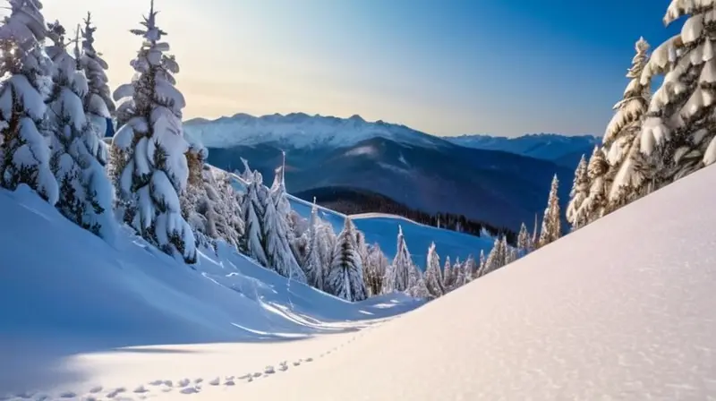 Un paisaje alpino invernal con picos nevados, sombras de pinos y un cielo azul brillante