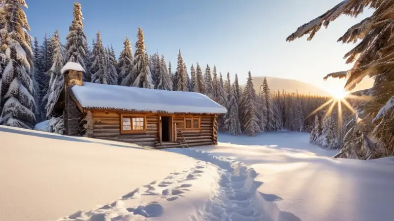 Un paisaje invernal sereno con nieve, árboles cubiertos, un río helado y una cabaña acogedora