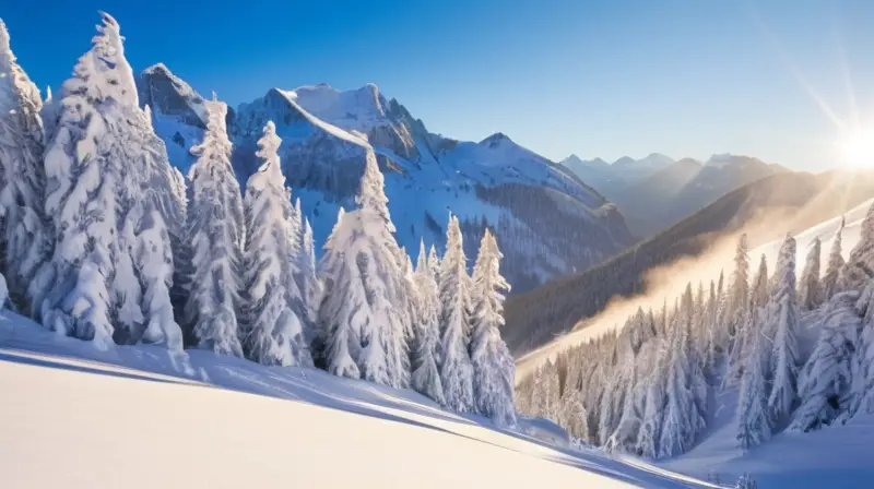 Un paisaje invernal de montañas nevadas, esquiadores coloridos y cabañas acogedoras que evoca aventura y tranquilidad