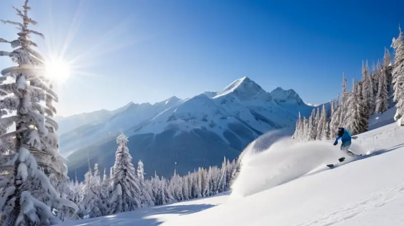 Un paisaje montañoso nevado con esquiadores y snowboarders en acción bajo un cielo azul y soleado