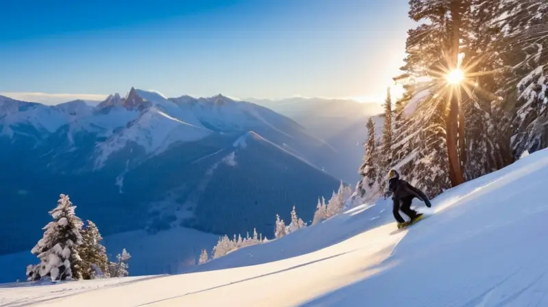 Un snowboarder enérgico desciende por una montaña nevada bajo un cielo azul brillante