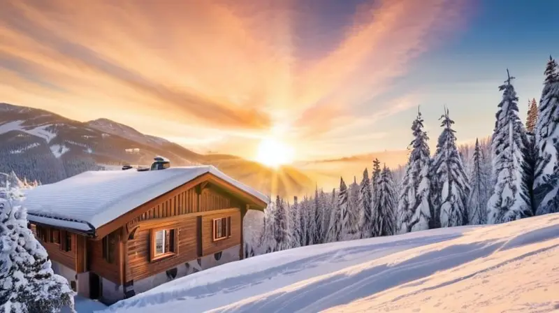 Un paisaje invernal deslumbrante con montañas nevadas, esquiadores coloridos y chalets acogedores bajo un cielo azul