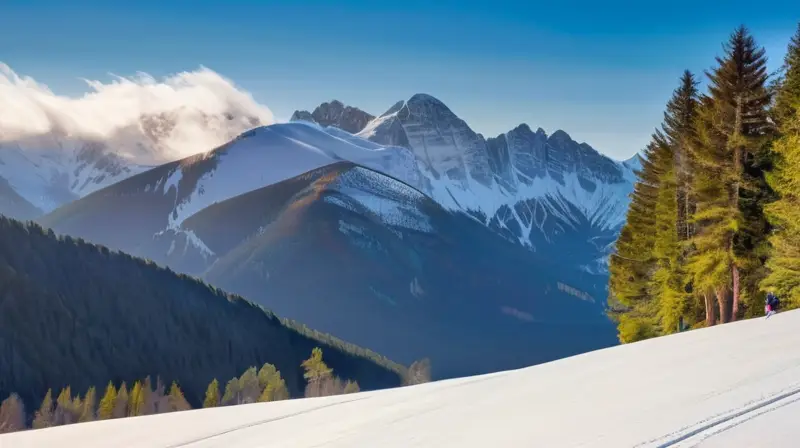 Montañas nevadas bajo un cielo azul, esquiadores en movimiento y cabañas acogedoras crean un paisaje de aventura y tranquilidad