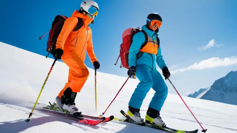 Esquís en acción con un fondo montañoso nevado y un cielo azul, resaltando colores vibrantes y detalles realistas