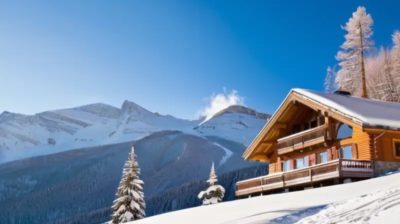 Un paisaje invernal con montañas nevadas, esquiadores coloridos, un acogedor chalet y un ambiente cálido y vibrante