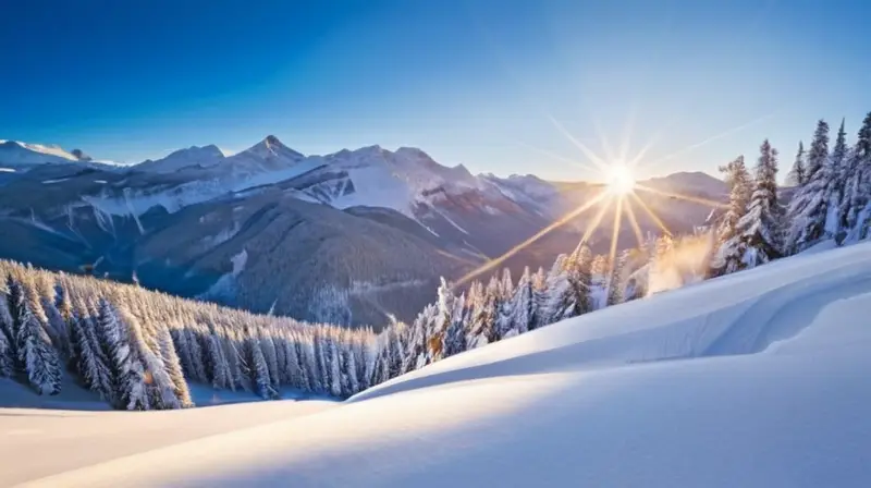 Un paisaje invernal sereno con montañas nevadas, esquiadores en acción y un acogedor chalet entre árboles