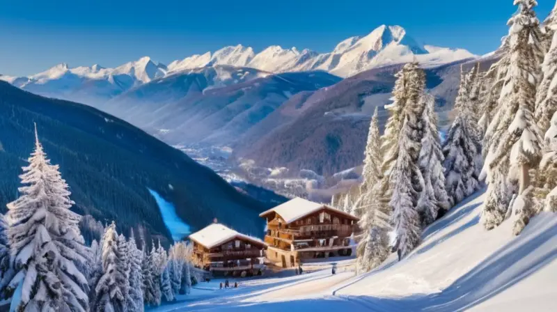 Un paisaje alpino impresionante con picos nevados, esquiadores dinámicos y chalets acogedores bajo un cielo azul