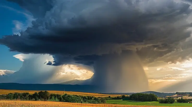 Cielo dramático con nubes en movimiento, rayos de sol dorados y un ambiente de tensión ante una tormenta inminente